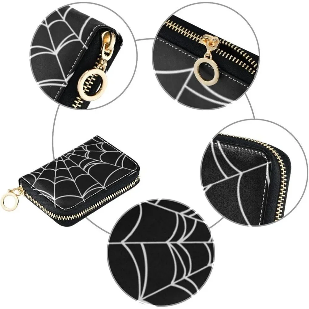 Women's Spider Web Leather Zipper Card Case Accordion Credit Card Holder Wallet
